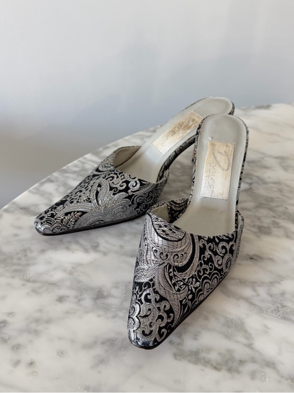 Y2K Vintage Dolce by Pierre Black & Silver Embroidered Pointed Slip-On Mules